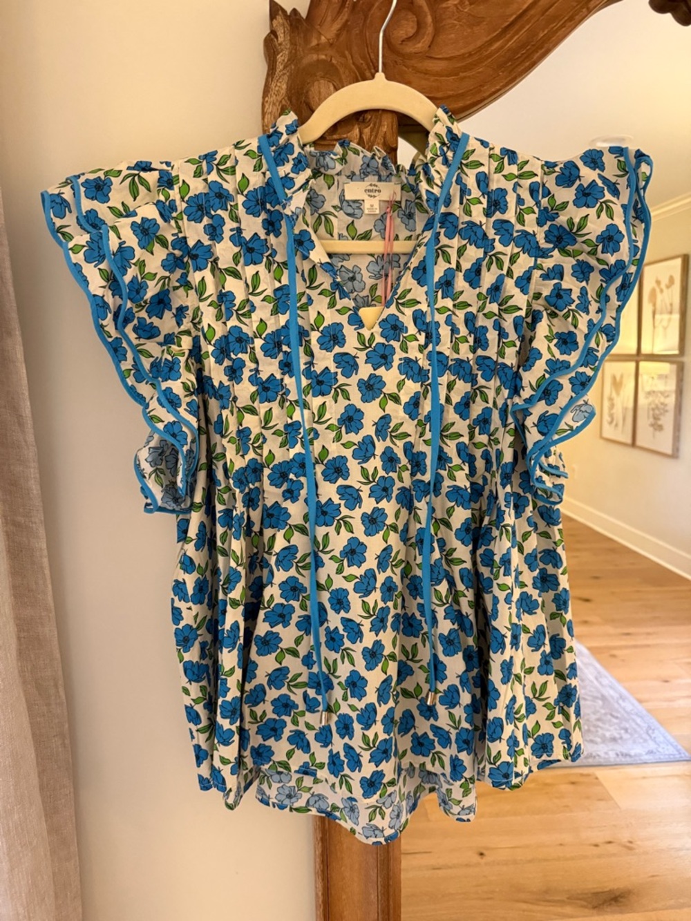 entro Blue Floral Tie-Neck Ruffle Blouse